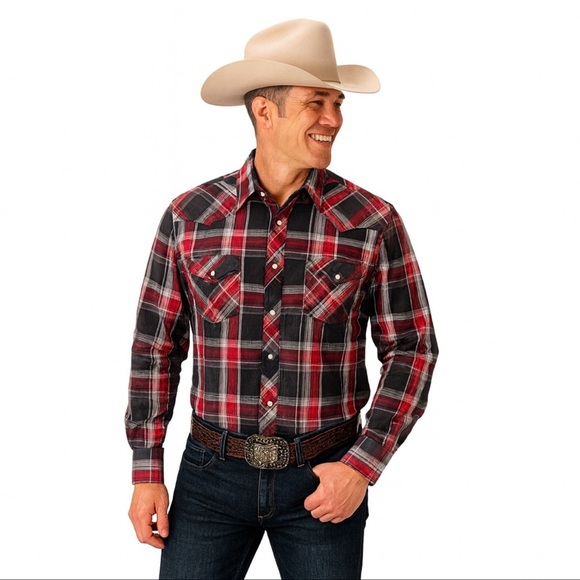 Helix Men’s Western Long Sleeve Shirt Size S Red Black Snaps Yoke Fitted - Picture 1 of 8